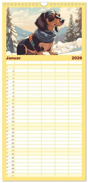 Produktbild: Familienplaner 2026 - Dackel mit 5 Spalten (Wandkalender, 21 x 45 cm) CALVENDO