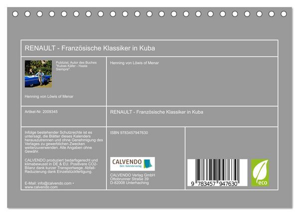 Produktbild: RENAULT - Franz&ouml;sische Klassiker in Kuba (Tischkalender 2026 DIN A5 quer), CALVENDO Monatskalender