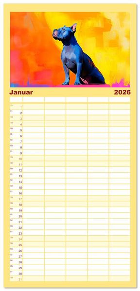 Produktbild: Familienplaner 2026 - Kraftvolle Partner. Hunde in k&uuml;nstlerischer &Ouml;loptik mit 5 Spalten (Wandkalender, 21 x 45 cm) CALVENDO