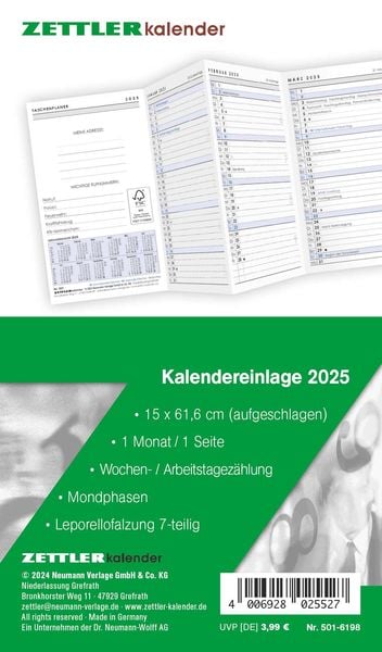 Kalender-Ersatzeinlage 2025 - für den Taschenplaner Leporello Typ 501 - 8,8 x 15,2 cm - 1 Monat auf 1 Seite - separates 