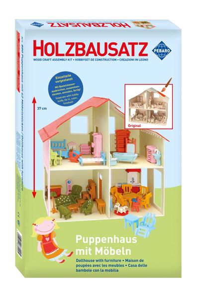 Produktbild: PEBARO 880 - Puppenhaus Holzbausatz mit M&ouml;beln, 11+241 Teile, Holzkonstruktion zum Zusammenstecken