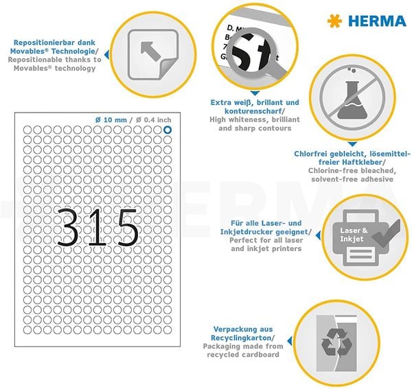 Produktbild: Herma Etiketten A4 10mm rund 25 Blatt 7.875 St&uuml;ck