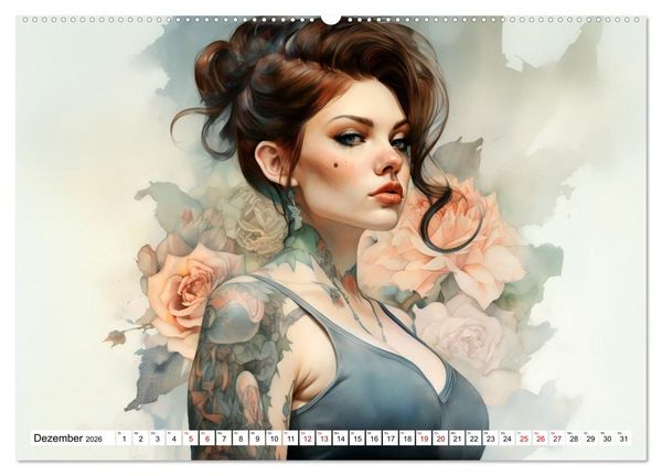 Produktbild: Tattoo trifft Kunst - Starke Tattoos treffen auf sanftes Aquarell (Wandkalender 2026 DIN A2 quer), CALVENDO Monatskalender
