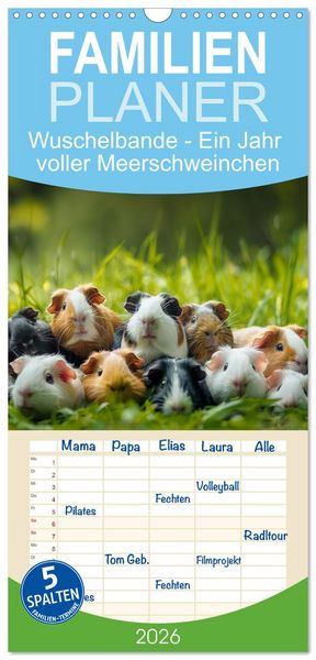 Produktbild: Familienplaner 2026 - Wuschelbande - Ein Jahr voller Meerschweinchen mit 5 Spalten (Wandkalender, 21 x 45 cm) CALVENDO