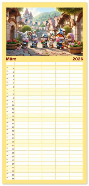 Produktbild: Familienplaner 2026 - Ritterliche Tierfreunde: Ein Jahr voller Spannung und Humor mit 5 Spalten (Wandkalender, 21 x 45 cm) CALVENDO