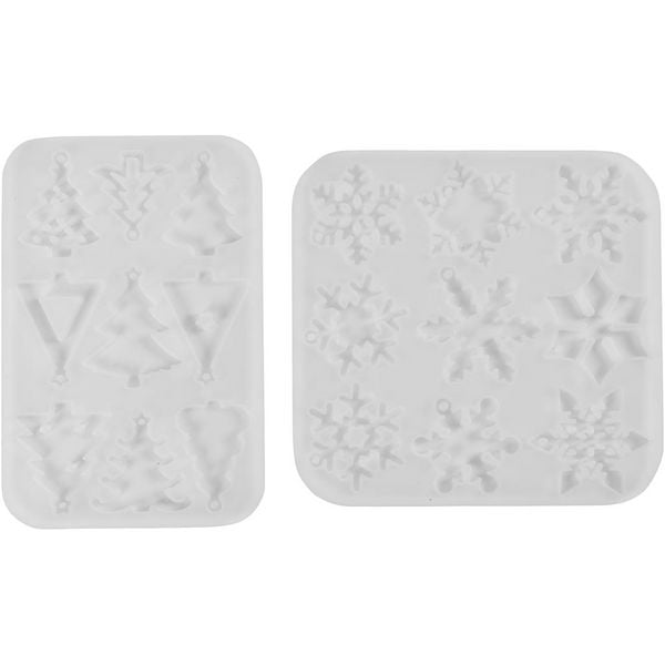 Produktbild: Creativ Company Silikonform, Schneeflocken und Weihnachtsb&auml;ume, H 0,3 cm, B 3,5+4,7 cm, mit Loch zum Aufh&auml;ngen, Matt transparent, 2 Stk/ 1 Stk