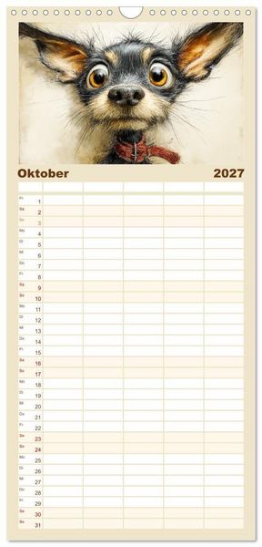 Produktbild: Familienplaner 2027 - Karikatur trifft Hund. Ein Blick auf charmante Vierbeiner mit 5 Spalten (Wandkalender, 21 x 45 cm) CALVENDO