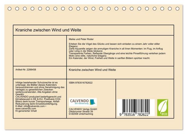 Produktbild: Kraniche zwischen Wind und Weite (Tischkalender 2027 DIN A5 quer), CALVENDO Monatskalender