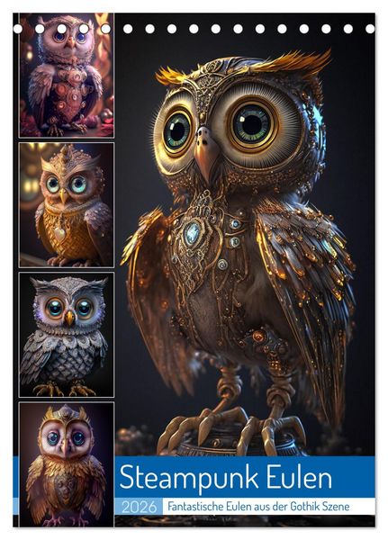 Steampunk Eulen (Tischkalender 2026 DIN A5 hoch), CALVENDO Monatskalender