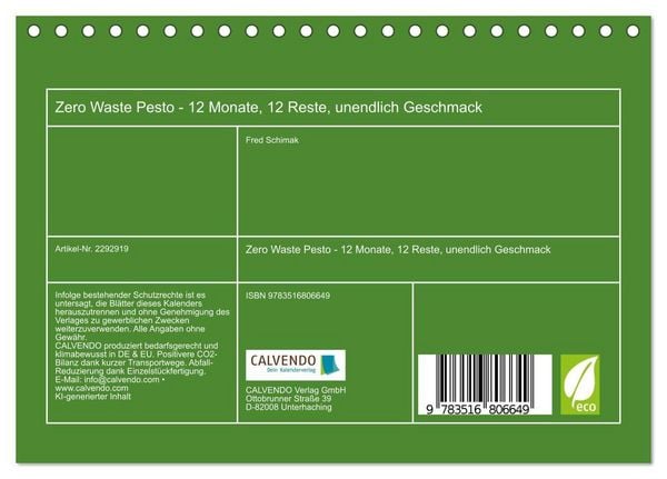 Produktbild: Zero Waste Pesto - 12 Monate, 12 Reste, unendlich Geschmack (Tischkalender 2027 DIN A5 quer), CALVENDO Monatskalender