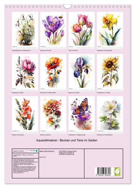 Produktbild: Aquarellmalerei - Blumen und Tiere im Garten (Wandkalender 2026 DIN A3 hoch), CALVENDO Monatskalender