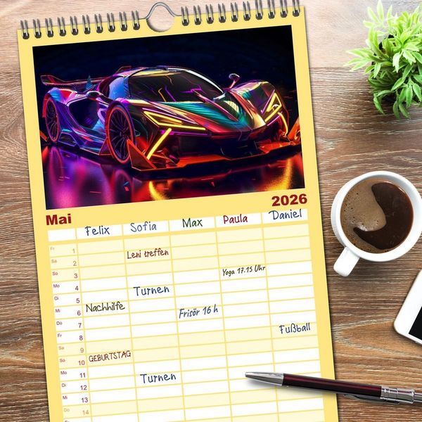 Produktbild: Familienplaner 2026 - Futuristische Neon Cars mit 5 Spalten (Wandkalender, 21 x 45 cm) CALVENDO