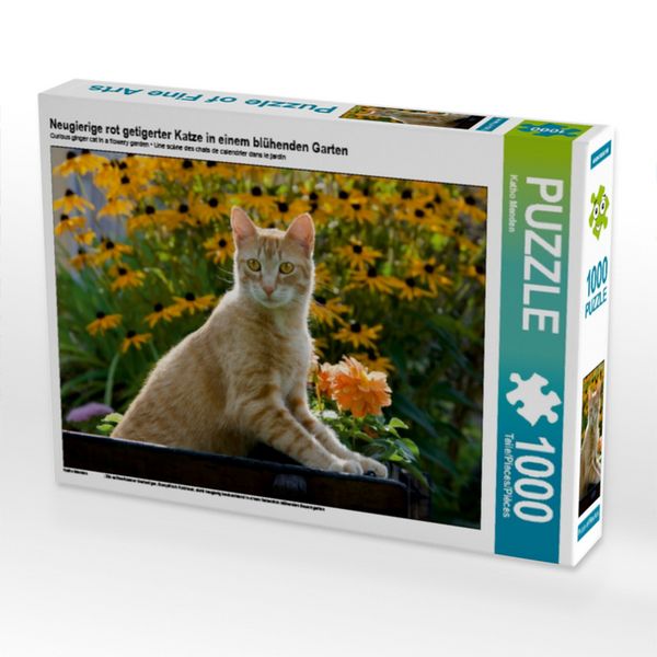 Produktbild: CALVENDO Puzzle Neugierige rot getigerter Katze in einem bl&uuml;henden Garten | 1000 Teile Lege-Gr&ouml;&szlig;e 64x48cm Foto-Puzzle f&uuml;r gl&uuml;ckliche Stunden