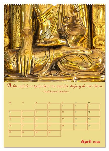 Produktbild: BUDDHA IN GOLD - Mit buddhistischen Spr&uuml;chen (Wandkalender 2026 DIN A2 hoch), CALVENDO Monatskalender