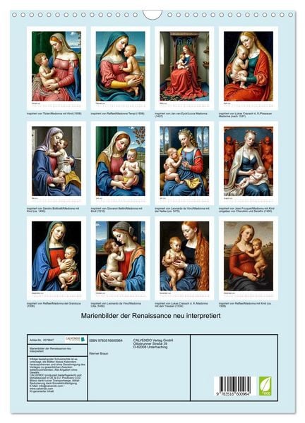 Produktbild: Marienbilder der Renaissance neu interpretiert (Wandkalender 2026 DIN A3 hoch), CALVENDO Monatskalender