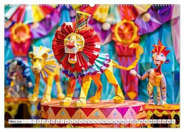 Produktbild: Bunter Origami Zirkus - Farbenfroher Zirkusspa&szlig; mit Origami-Figuren (hochwertiger Premium Wandkalender 2026 DIN A2 quer), Kunstdruck in Hochglanz