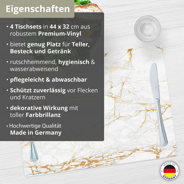 Produktbild: Tischsetmacher Tischsets Wei&szlig;er Marmor mit Goldadern, aus hochwertigem Vinyl (4 St&uuml;ck), 44 x 32 cm