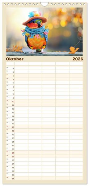 Produktbild: Familienplaner 2026 - Niedliche V&ouml;gel! Trendige Schnabelstars erobern die Modewelt mit 5 Spalten (Wandkalender, 21 x 45 cm) CALVENDO