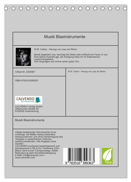 Produktbild: Musik Blasinstrumente (Tischkalender 2026 DIN A5 hoch), CALVENDO Monatskalender