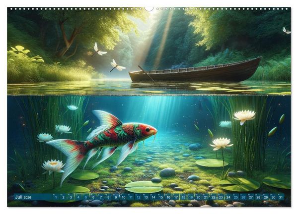 Produktbild: Klang der Stille - Kois aus der KI Dimension (hochwertiger Premium Wandkalender 2026 DIN A2 quer), Kunstdruck in Hochglanz