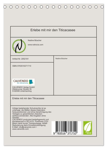Produktbild: Erlebe mit mir den Titicacasee (Tischkalender 2026 DIN A5 hoch), CALVENDO Monatskalender