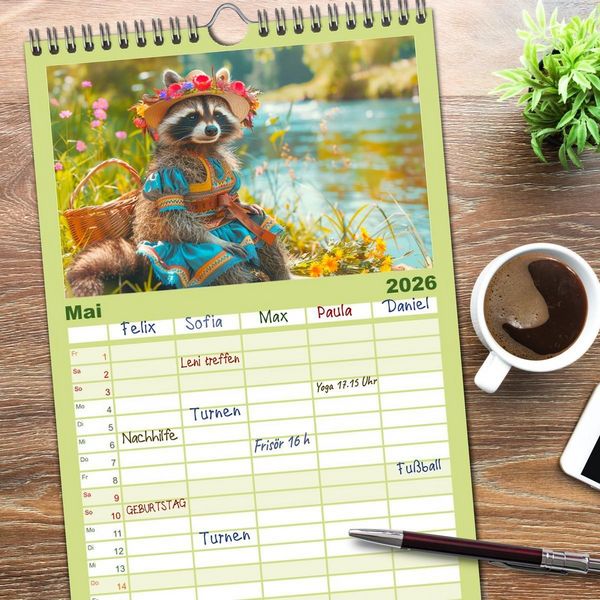 Produktbild: Familienplaner 2026 - Niedlicher Waschb&auml;ren-Style. Modisch, elegant und blumig mit 5 Spalten (Wandkalender, 21 x 45 cm) CALVENDO