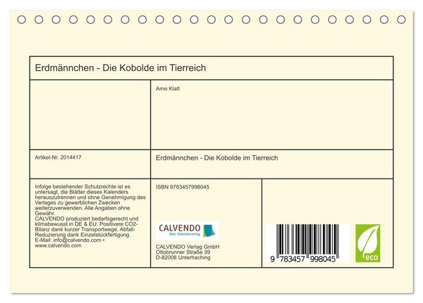 Produktbild: Erdm&auml;nnchen - Die Kobolde im Tierreich (Tischkalender 2026 DIN A5 quer), CALVENDO Monatskalender