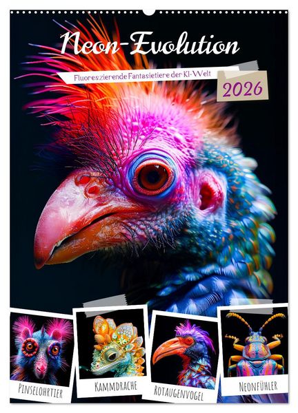 Neon-Evolution - Fluoreszierende Fantasietiere der KI-Welt (Wandkalender 2026 DIN A2 hoch), CALVENDO Monatskalender