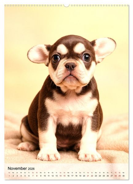 Produktbild: Frenchies Love &ndash; Kleine Schnuten ganz gro&szlig; - Franz&ouml;sische Bulldoggen Welpen unwiderstehlich s&uuml;&szlig; (Wandkalender 2026 DIN A2 hoch), CALVENDO Monatskalender