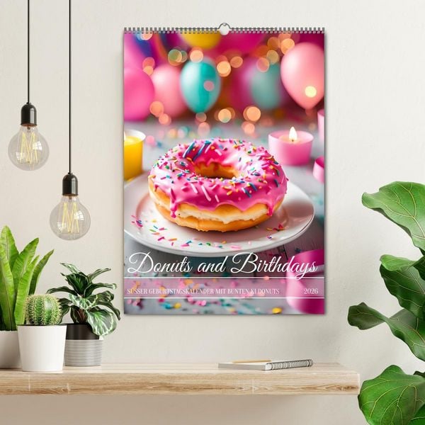 Produktbild: Donuts and Birthdays, s&uuml;&szlig;er Geburtstagskalender mit bunte KI Donuts (Wandkalender 2026 DIN A2 hoch), CALVENDO Monatskalender