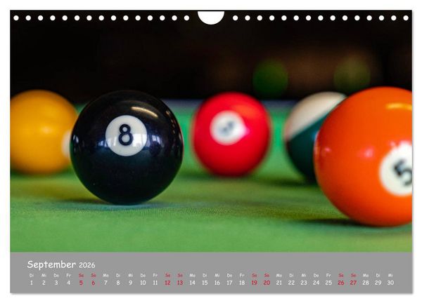 Produktbild: Freizeit Billard - Queue, Kugeln, Kreide und Tisch (Wandkalender 2026 DIN A4 quer), CALVENDO Monatskalender