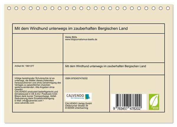 Produktbild: Mit dem Windhund unterwegs im zauberhaften Bergischen Land (Tischkalender 2026 DIN A5 quer), CALVENDO Monatskalender