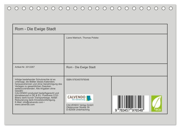 Produktbild: Rom - Die Ewige Stadt (Tischkalender 2026 DIN A5 quer), CALVENDO Monatskalender