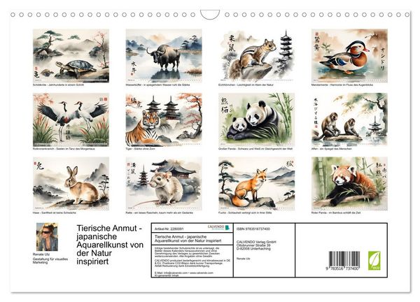 Produktbild: Tierische Anmut - japanische Aquarellkunst von der Natur inspiriert (Wandkalender 2026 DIN A3 quer), CALVENDO Monatskalender