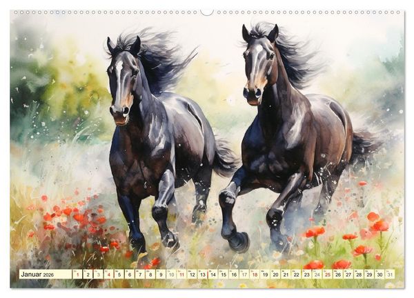 Produktbild: Pferde. Romantische Aquarelle von schwarzen Sch&ouml;nheiten (hochwertiger Premium Wandkalender 2026 DIN A2 quer), Kunstdruck in Hochglanz