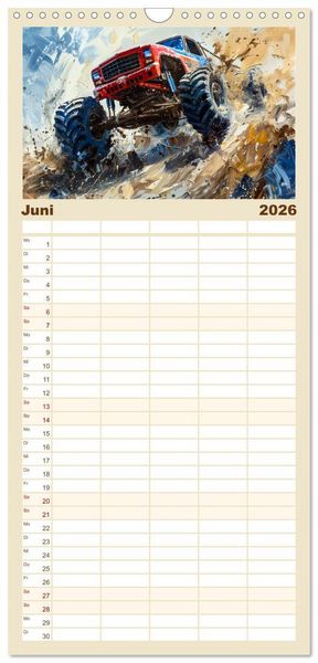 Produktbild: Familienplaner 2026 - Wilde Monstertrucks mit 5 Spalten (Wandkalender, 21 x 45 cm) CALVENDO