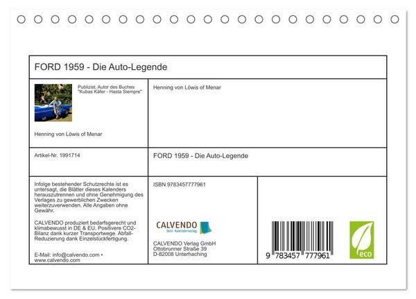 Produktbild: FORD 1959 - Die Auto-Legende (Tischkalender 2026 DIN A5 quer), CALVENDO Monatskalender