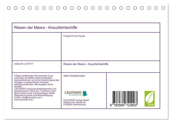 Produktbild: Riesen der Meere - Kreuzfahrtschiffe (Tischkalender 2027 DIN A5 quer), CALVENDO Monatskalender