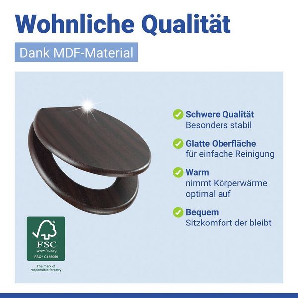 Produktbild: WC Sitz Mod. Wenge Dunkelbraun, stabiler Toilettensitz mit Absenkautomatik