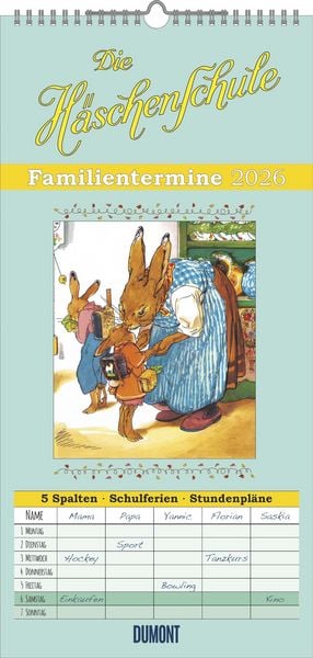 DUMONT - Familienplaner Häschenschule 2026 – Familienkalender 22x45 cm – Wandplaner mit 5 Spalten & Ferienterminen, nostalgische Illustrationen