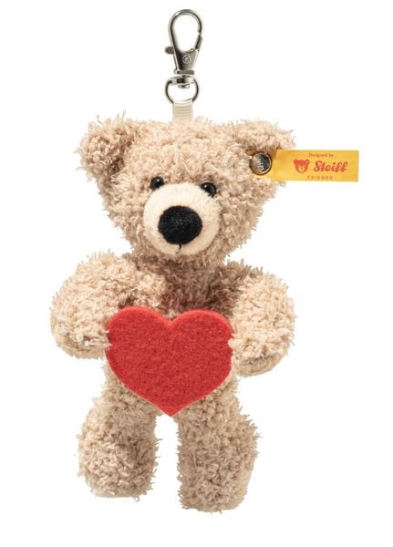 Steiff 112669 - Anhänger Fynn Teddybär Love, Teddy mit Herz, beige/rot, Plüsch-Schlüsselanhänger, 12 cm