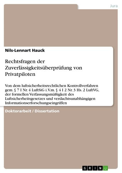 Produktbild: Rechtsfragen der Zuverl&auml;ssigkeits&uuml;berpr&uuml;fung von Privatpiloten