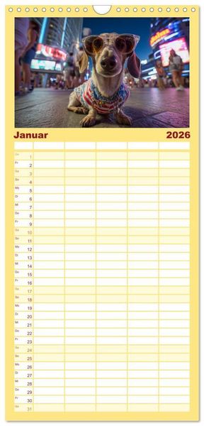 Produktbild: Familienplaner 2026 - Dackel auf gro&szlig;er Tour - S&uuml;&szlig;e Hunde entdecken die Welt mit 5 Spalten (Wandkalender, 21 x 45 cm) CALVENDO