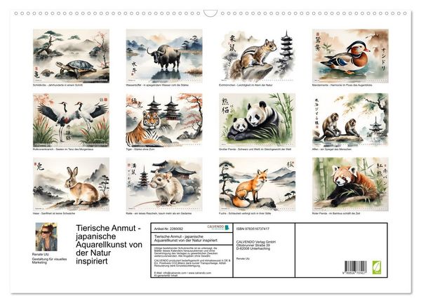 Produktbild: Tierische Anmut - japanische Aquarellkunst von der Natur inspiriert (Wandkalender 2026 DIN A2 quer), CALVENDO Monatskalender