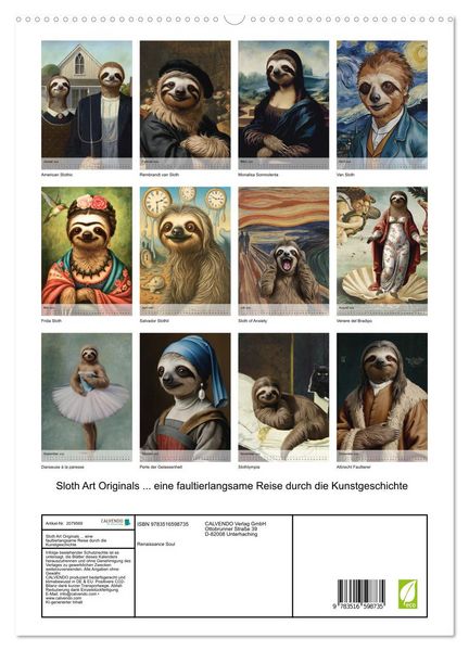 Produktbild: Sloth Art Originals ... eine faultierlangsame Reise durch die Kunstgeschichte (hochwertiger Premium Wandkalender 2026 DIN A2 hoch), Kunstdruck in Hochglanz