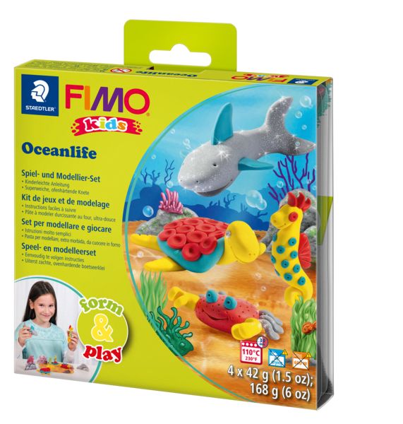 Produktbild: STAEDTLER FIMO kids 8034, ofenh&auml;rtende Modelliermasse, Set Oceanlife mit 4 Bl&ouml;cken 42 g, Modellierstab