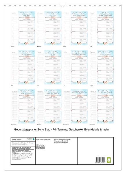 Produktbild: Geburtstagsplaner Boho Blau - F&uuml;r Termine, Geschenke, Eventdetails & mehr (Wandkalender 2026 DIN A2 hoch), CALVENDO Monatskalender