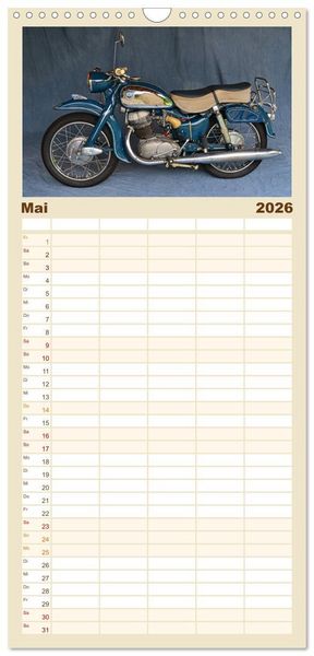Produktbild: Familienplaner 2026 - Deutsche Motorrad - Legenden - Rollende Kunstwerke aus alten Zeiten mit 5 Spalten (Wandkalender, 21 x 45 cm) CALVENDO
