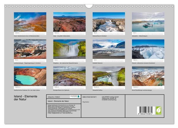 Produktbild: Island - Elemente der Natur (Wandkalender 2026 DIN A3 quer), CALVENDO Monatskalender