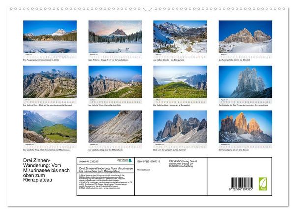 Produktbild: Drei Zinnen-Wanderung: Vom Misurinasee bis nach oben zum Rienzplateau (hochwertiger Premium Wandkalender 2027 DIN A2 quer), Kunstdruck in Hochglanz
